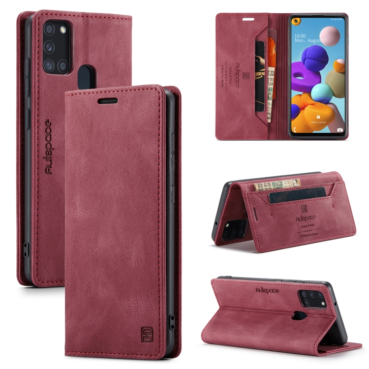 

For Samsung Galaxy A21s AutSpace A01 Retro Skin-feel Crazy Horse Texture Horizontal Flip Leather Case with Holder & Card Slots & Wallet & RFID(Wine Red)