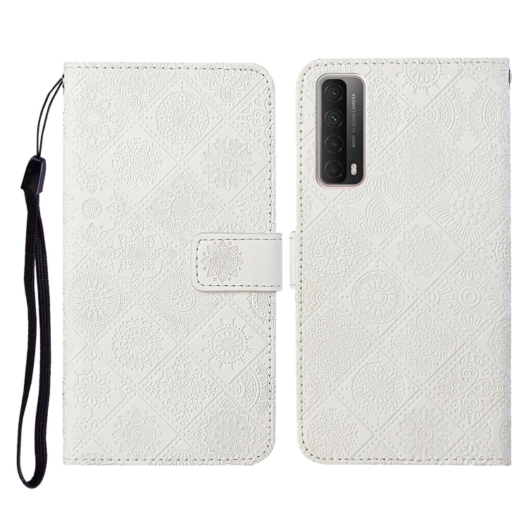 

For Huawei P smart 2021 Ethnic Style Embossed Pattern Horizontal Flip Leather Case with Holder & Card Slots & Wallet & Lanyard(White)