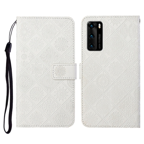 

For Huawei P40 Ethnic Style Embossed Pattern Horizontal Flip Leather Case with Holder & Card Slots & Wallet & Lanyard(White)