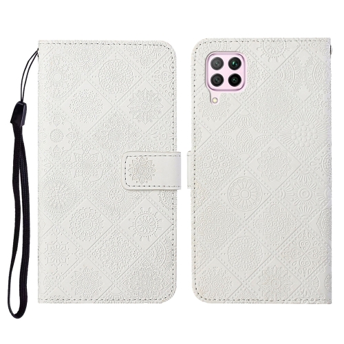 

For Huawei P40 lite / nova 6 SE Ethnic Style Embossed Pattern Horizontal Flip Leather Case with Holder & Card Slots & Wallet & Lanyard(White)