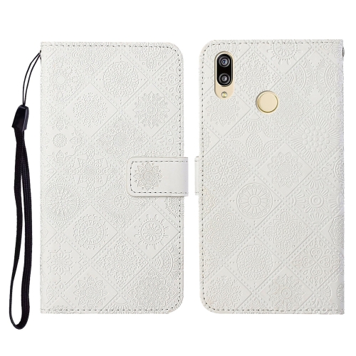

For Huawei Y7 (2019) Ethnic Style Embossed Pattern Horizontal Flip Leather Case with Holder & Card Slots & Wallet & Lanyard(White)