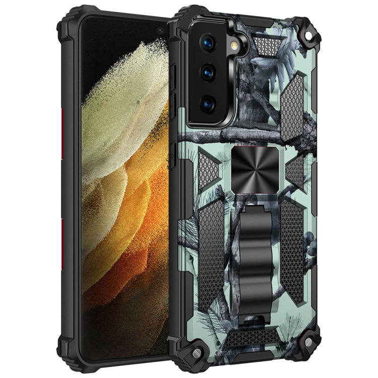 

For Samsung Galaxy S21 Ultra 5G Camouflage Armor Shockproof TPU + PC Magnetic Protective Case with Holder(Mint Green)