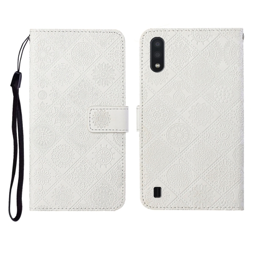 

For Samsung Galaxy A01 Ethnic Style Embossed Pattern Horizontal Flip Leather Case with Holder & Card Slots & Wallet & Lanyard(White)