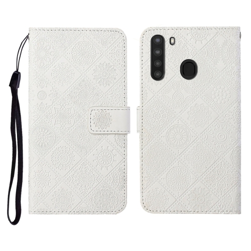 

For Samsung Galaxy A21 Ethnic Style Embossed Pattern Horizontal Flip Leather Case with Holder & Card Slots & Wallet & Lanyard(White)