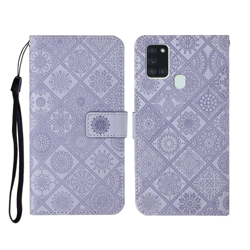 

For Samsung Galaxy A21s Ethnic Style Embossed Pattern Horizontal Flip Leather Case with Holder & Card Slots & Wallet & Lanyard(Purple)