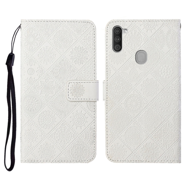 

For Samsung Galaxy M11 Ethnic Style Embossed Pattern Horizontal Flip Leather Case with Holder & Card Slots & Wallet & Lanyard(White)