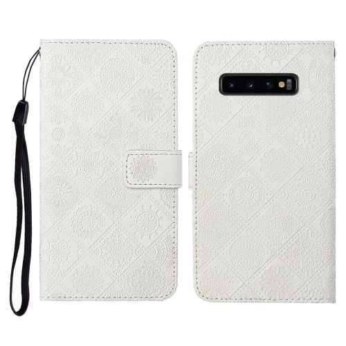 

For Samsung Galaxy S10 Ethnic Style Embossed Pattern Horizontal Flip Leather Case with Holder & Card Slots & Wallet & Lanyard(White)