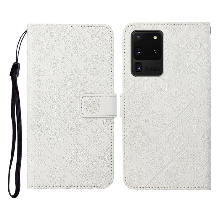 

For Samsung Galaxy S20 Ultra Ethnic Style Embossed Pattern Horizontal Flip Leather Case with Holder & Card Slots & Wallet & Lanyard(White)