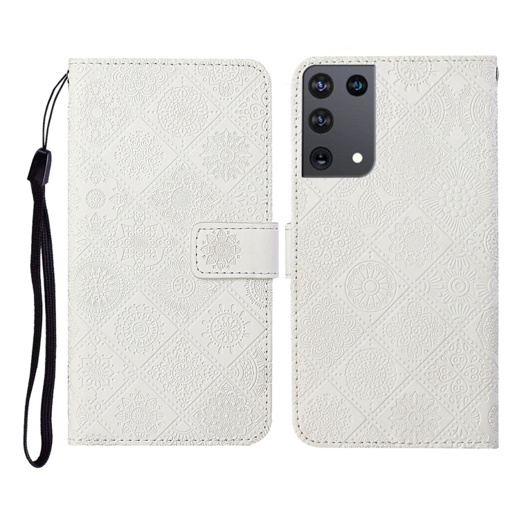 

For Samsung Galaxy S21Ultra 5G Ethnic Style Embossed Pattern Horizontal Flip Leather Case with Holder & Card Slots & Wallet & Lanyard(White)