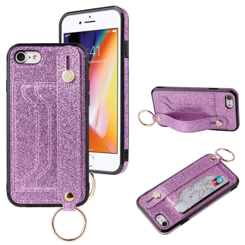 

Glitter Powder PU+TPU Shockproof Protective Case with Holder & Card Slots & Wrist Strap For iPhone SE 2020 / 8 / 7(Purple)