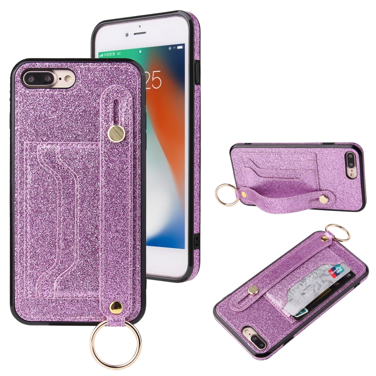 

Glitter Powder PU+TPU Shockproof Protective Case with Holder & Card Slots & Wrist Strap For iPhone 8 Plus / 7 Plus(Purple)