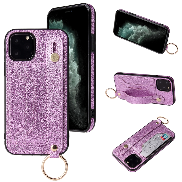 

Glitter Powder PU+TPU Shockproof Protective Case with Holder & Card Slots & Wrist Strap For iPhone 11 Pro Max(Purple)