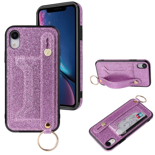 

Glitter Powder PU+TPU Shockproof Protective Case with Holder & Card Slots & Wrist Strap For iPhone X / XS(Purple)