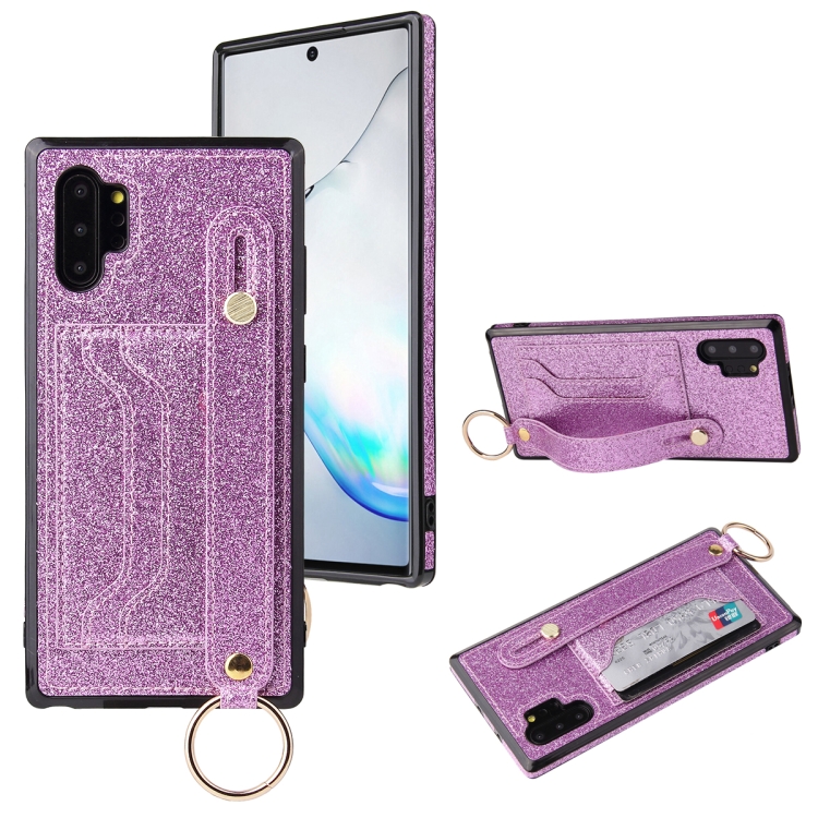 

For Samsung Galaxy Note 10 Pro Glitter Powder PU+TPU Shockproof Protective Case with Holder & Card Slots & Wrist Strap(Purple)