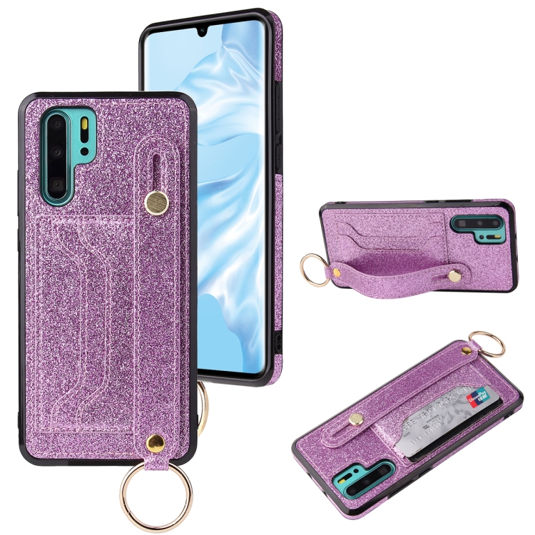 

For Huawei P30 Glitter Powder PU+TPU Shockproof Protective Case with Holder & Card Slots & Wrist Strap(Purple)