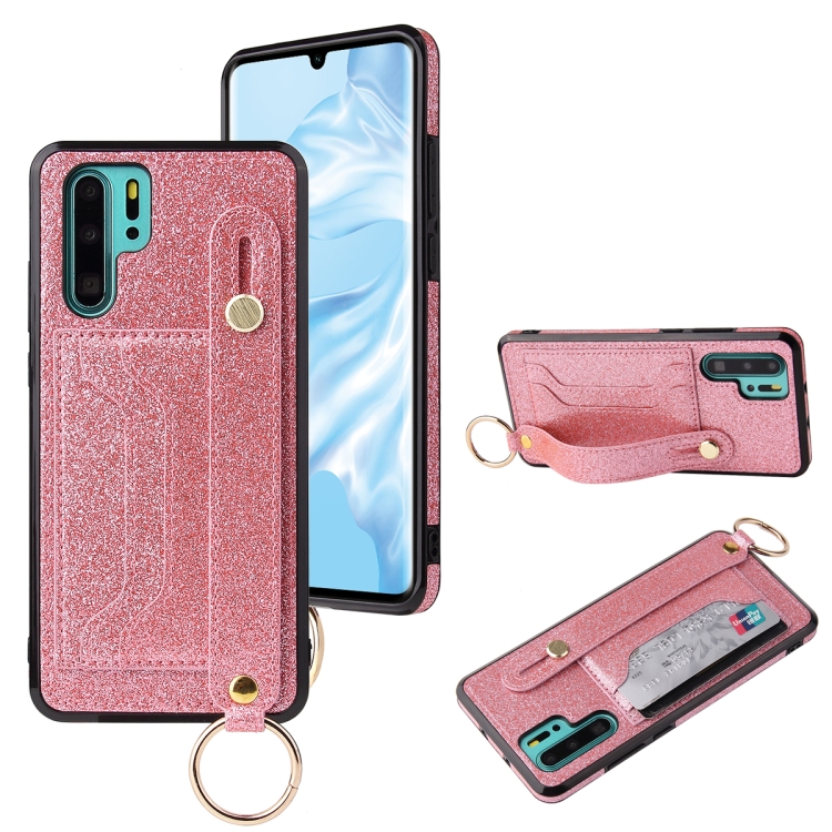 

For Huawei P30 Lite Glitter Powder PU+TPU Shockproof Protective Case with Holder & Card Slots & Wrist Strap(Pink)