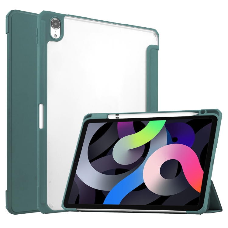 

For iPad Air (2020) 10.9 TPU Transparent Back Cover Horizontal Flip Leather Case with Three-folding Holder & Sleep / Wake-up Function / Pen Slot(Dark Green)