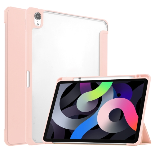

For iPad Air (2020) 10.9 TPU Transparent Back Cover Horizontal Flip Leather Case with Three-folding Holder & Sleep / Wake-up Function / Pen Slot(Pink)