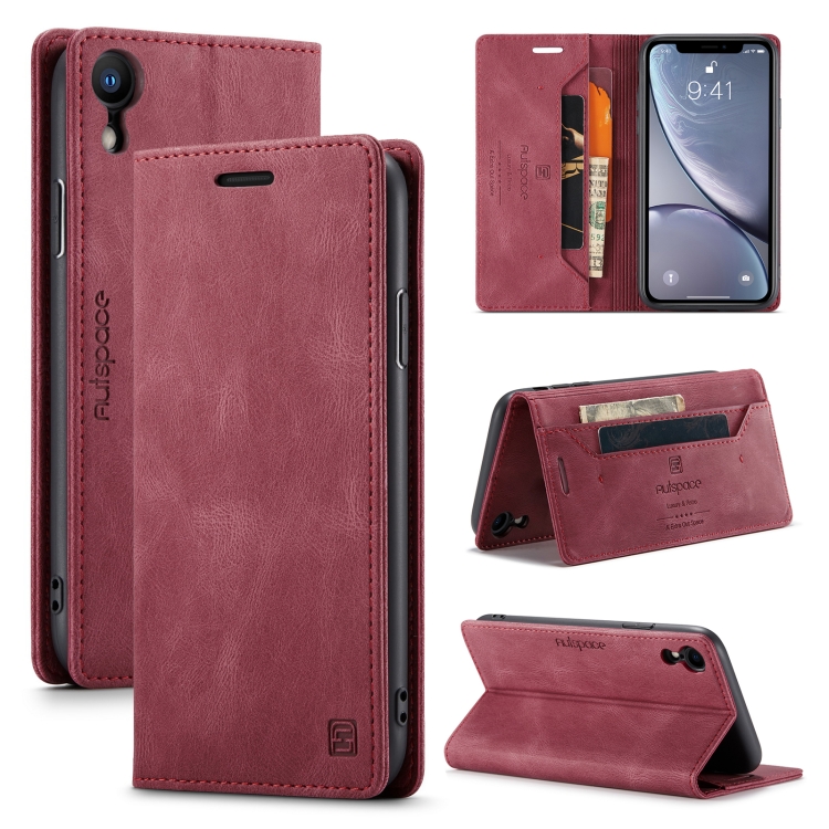 

AutSpace A01 Retro Skin-feel Crazy Horse Texture Horizontal Flip Leather Case with Holder & Card Slots & Wallet & RFID For iPhone XR(Wine Red)