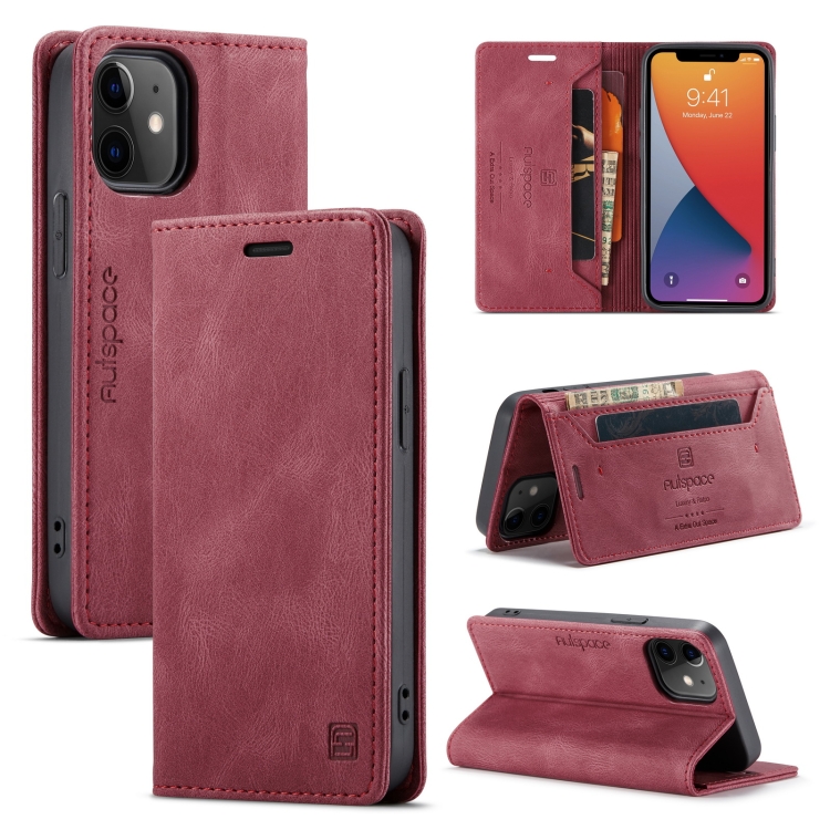 

AutSpace A01 Retro Skin-feel Crazy Horse Texture Horizontal Flip Leather Case with Holder & Card Slots & Wallet & RFID For iPhone 12 mini(Wine Red)