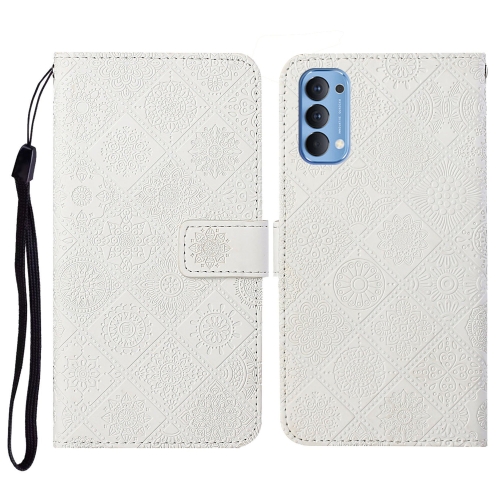 

For OPPO Reno4 Ethnic Style Embossed Pattern Horizontal Flip Leather Case with Holder & Card Slots & Wallet & Lanyard(White)