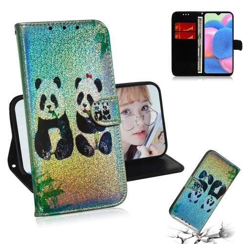 

For Galaxy A30s Colored Drawing Pattern Colorful Magnetic Buckle Horizontal Flip PU Leather Case with Holder & Card Slots & Wallet & Lanyard(Two Pandas)