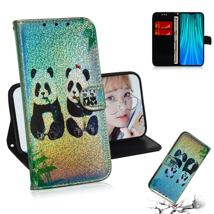 

For Xiaomi Redmi Note 8 Pro Colored Drawing Pattern Colorful Magnetic Buckle Horizontal Flip PU Leather Case with Holder & Card Slots & Wallet & Lanyard(Two Pandas)