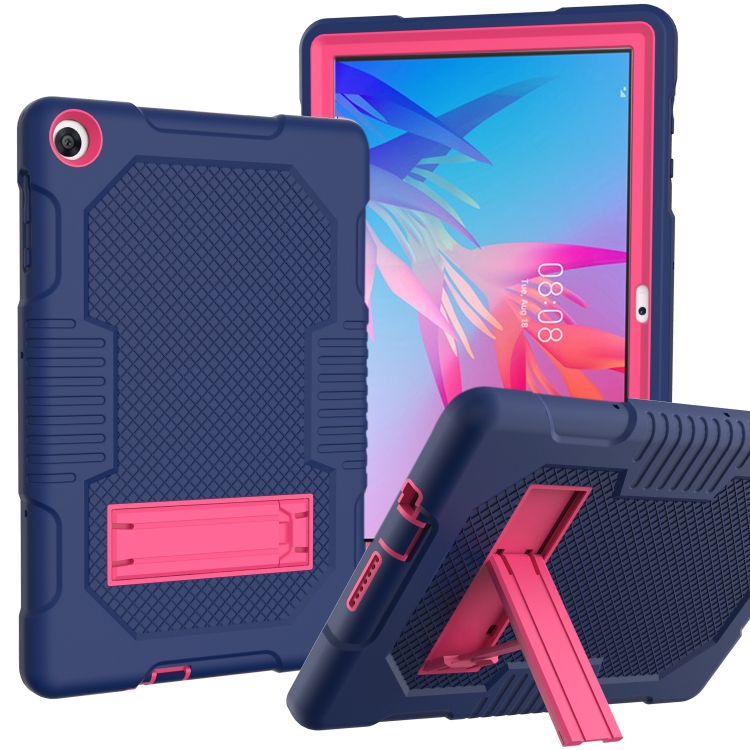 

For Huawei MatePad T10 Contrast Color Robot Shockproof Silicone + PC Protective Case with Holder(Navy Blue Rose)