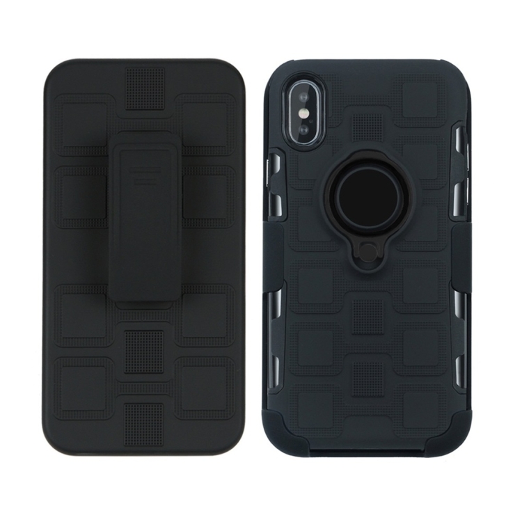 

For iPhone X 3 In 1 Cube PC + TPU Protective Case with 360 Degrees Rotate Black Ring Holder(Black)