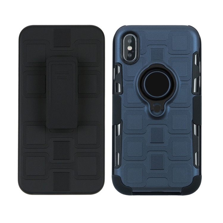 

For iPhone X 3 In 1 Cube PC + TPU Protective Case with 360 Degrees Rotate Black Ring Holder(Navy Blue)