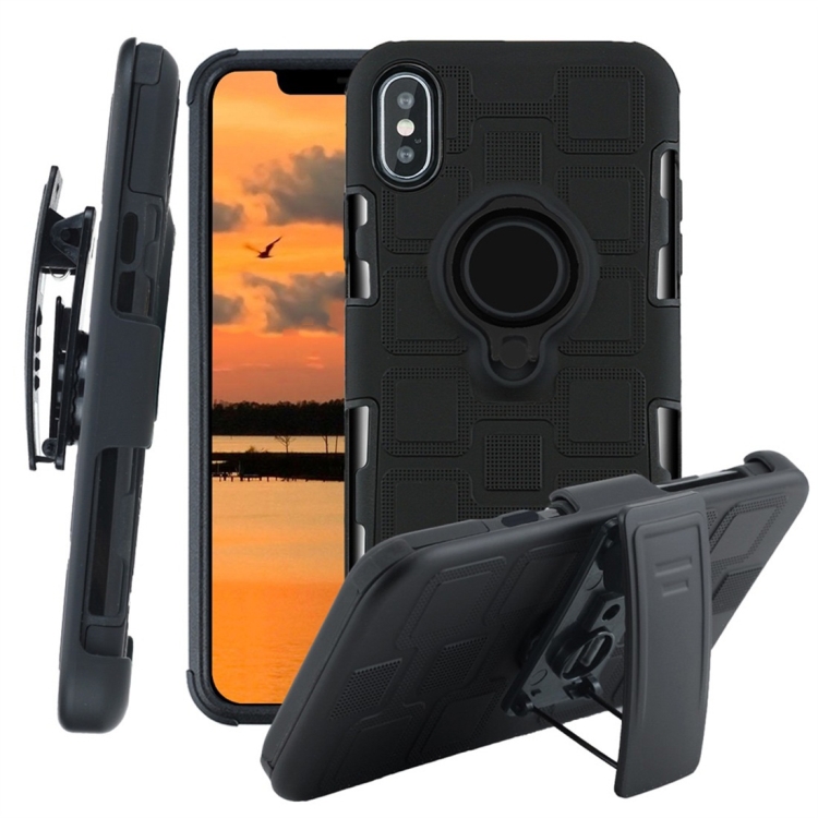 

For iPhone XS Max 3 In 1 Cube PC + TPU Protective Case with 360 Degrees Rotate Black Ring Holder(Black)