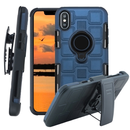 

For iPhone XS Max 3 In 1 Cube PC + TPU Protective Case with 360 Degrees Rotate Black Ring Holder(Navy Blue)