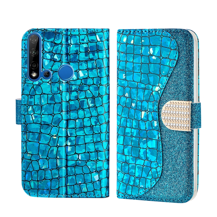 

For Huawei P20 Lite 2019 Laser Glitter Powder Matching Crocodile Texture Horizontal Flip Leather Case, with Card Slots & Holder(Blue)