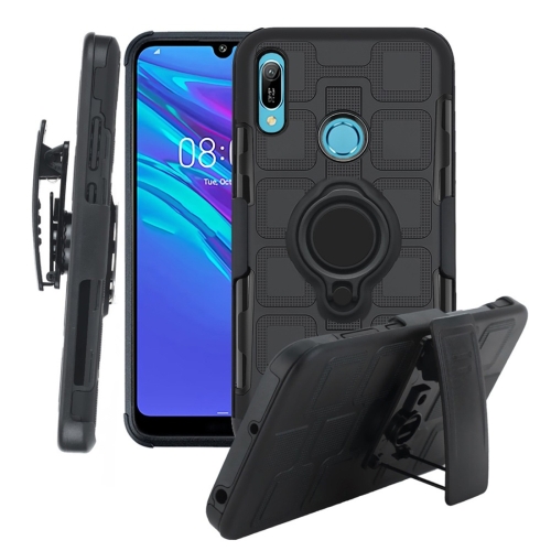 

For Huawei Y6 (2019) 3 In 1 Cube PC + TPU Protective Case with 360 Degrees Rotate Black Ring Holder(Black)