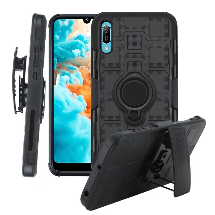 

For Huawei Y6 Pro (2019) 3 In 1 Cube PC + TPU Protective Case with 360 Degrees Rotate Black Ring Holder(Black)