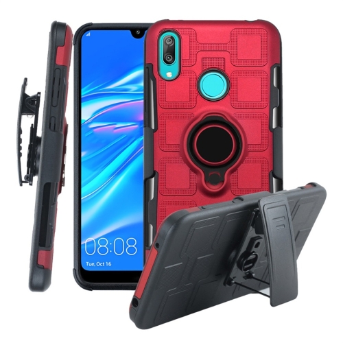 

For Huawei Y7 (2019) 3 In 1 Cube PC + TPU Protective Case with 360 Degrees Rotate Black Ring Holder(Red)