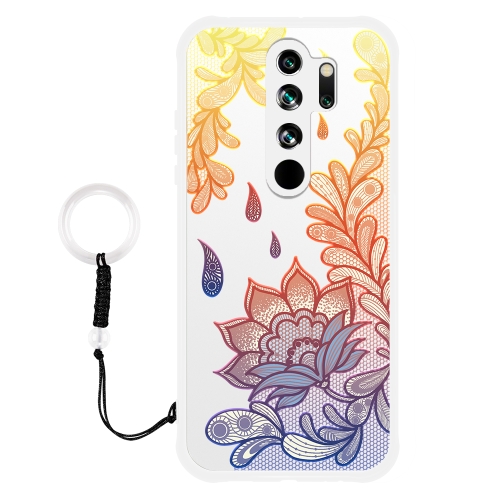 

For Xiaomi Redmi Note 8 Pro Skin-Feel Relief-Glossy Shockproof TPU+PC Protective Case with Jewelry Agate Ring(Lotus Flower)