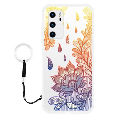 

For Huawei P40 Skin-Feel Relief-Glossy Shockproof TPU+PC Protective Case with Jewelry Agate Ring(Lotus Flower)