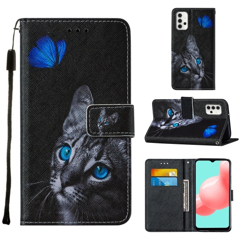 

For Samsung Galaxy A32 5G Cross Texture Painting Pattern Horizontal Flip Leather Case with Holder & Card Slots & Wallet & Lanyard(Blue Butterfly Cat Eyes)