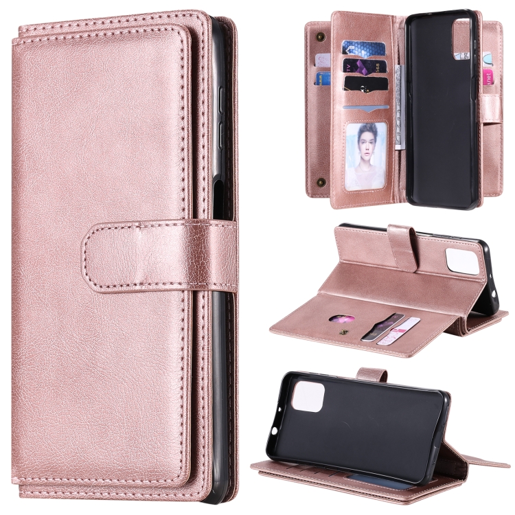 

For Motorola Moto G9 Plus Multifunctional Magnetic Copper Buckle Horizontal Flip Solid Color Leather Case with 10 Card Slots & Wallet & Holder & Photo Frame(Rose Gold)