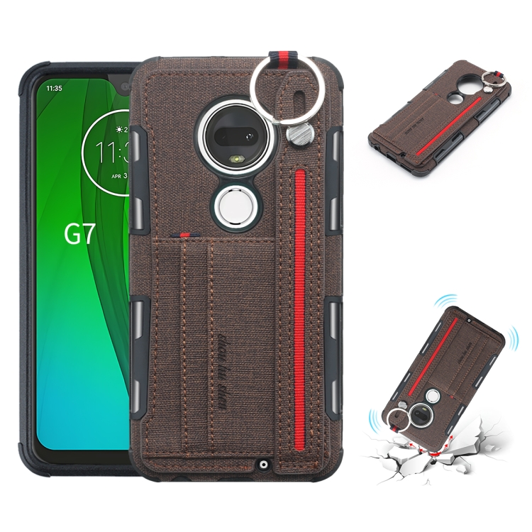 

For Motorola Moto G7 Cloth Texture + TPU Shockproof Protective Case with Metal Ring & Holder & Card Slots & Hanging Strap(Coffee)