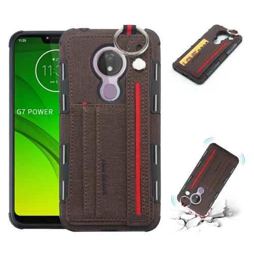 

For Motorola Moto G7 Power Cloth Texture + TPU Shockproof Protective Case with Metal Ring & Holder & Card Slots & Hanging Strap(Coffee)