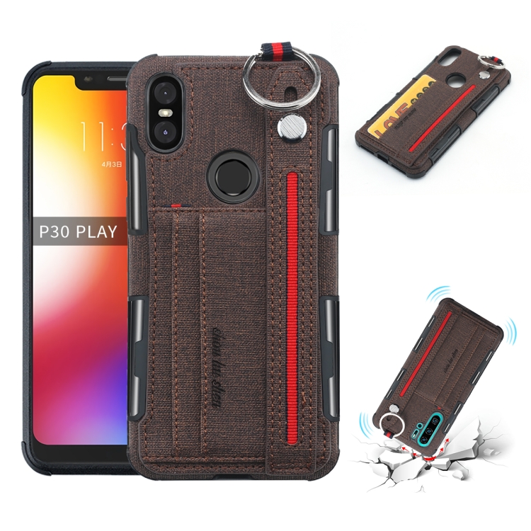 

For Motorola One (P30 Play) Cloth Texture + TPU Shockproof Protective Case with Metal Ring & Holder & Card Slots & Hanging Strap(Coffee)
