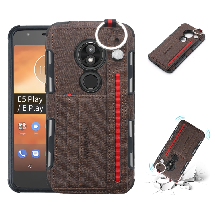 

For Motorola Moto E5 Play Cloth Texture + TPU Shockproof Protective Case with Metal Ring & Holder & Card Slots & Hanging Strap(Coffee)
