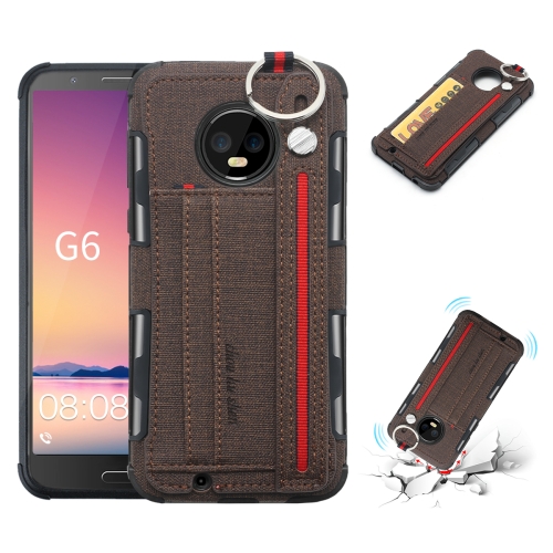 

For Motorola Moto G6 Cloth Texture + TPU Shockproof Protective Case with Metal Ring & Holder & Card Slots & Hanging Strap(Coffee)