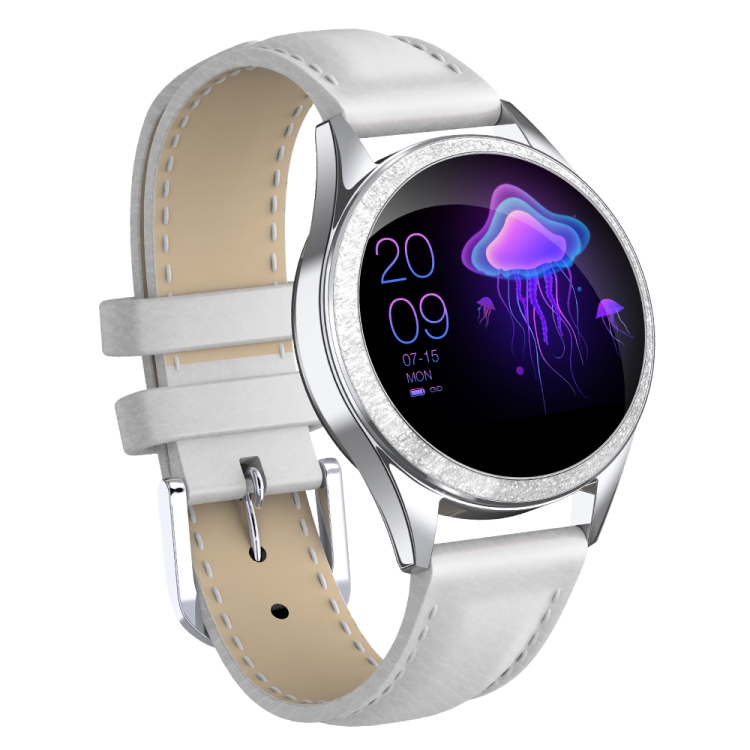 

KW20 1.04 inch Screen IP68 Waterproof Women Smart Watch, Support Sleep Monitor / Heart Rate Monitor / Information Reminder, Style:Leather Strap(Silver White)