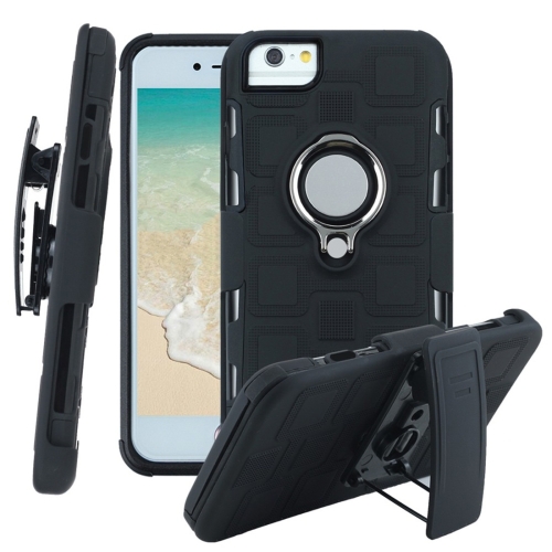 

For iPhone 6 / 7 / 8 3 In 1 Cube PC + TPU Protective Case with 360 Degrees Rotate Silver Ring Holder(Black)