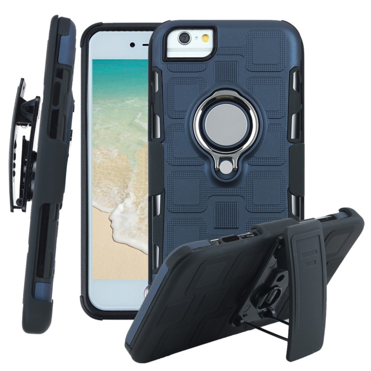 

For iPhone 6 / 7 / 8 3 In 1 Cube PC + TPU Protective Case with 360 Degrees Rotate Silver Ring Holder(Navy Blue)