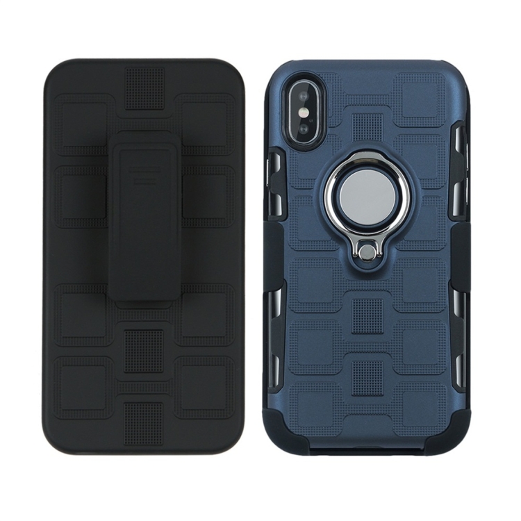 

For iPhone X 3 In 1 Cube PC + TPU Protective Case with 360 Degrees Rotate Silver Ring Holder(Navy Blue)