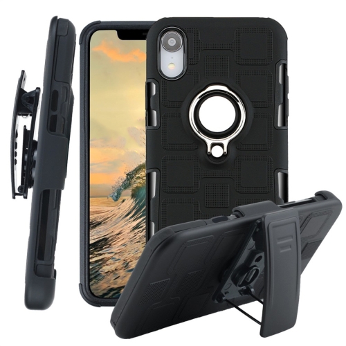 

For iPhone XR 3 In 1 Cube PC + TPU Protective Case with 360 Degrees Rotate Silver Ring Holder(Black)